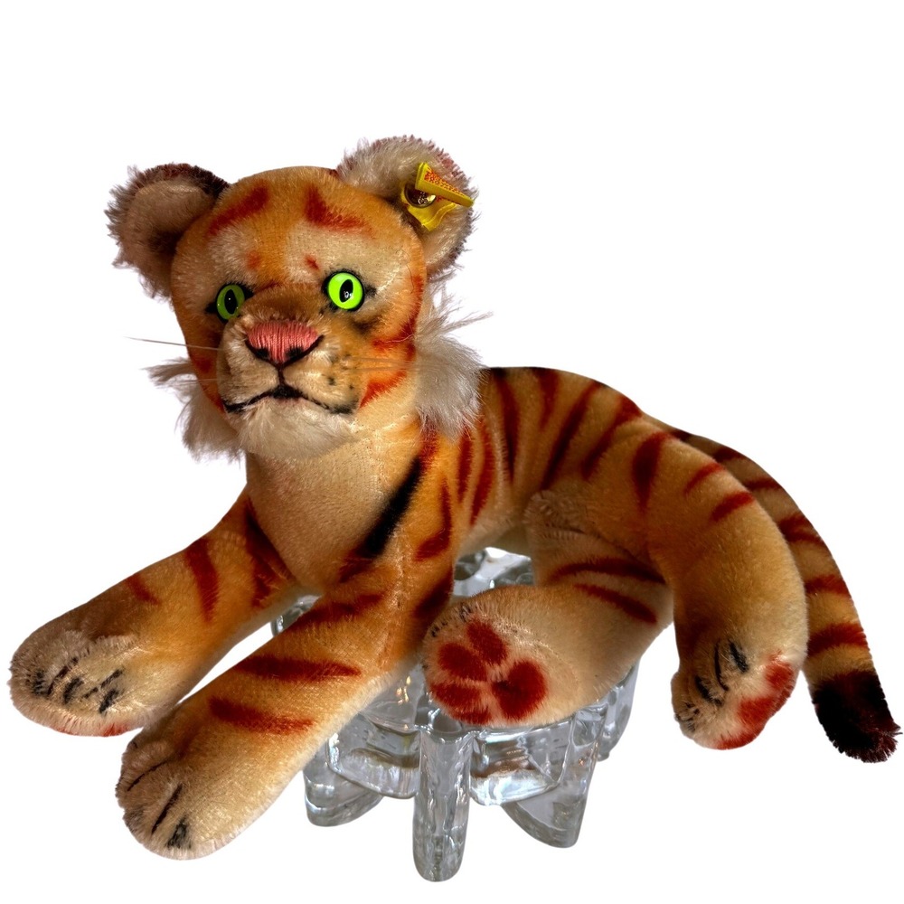 Vintage Steiff Tiger Mohair Plush Green Glass Eyes Ear Button Rare Germany